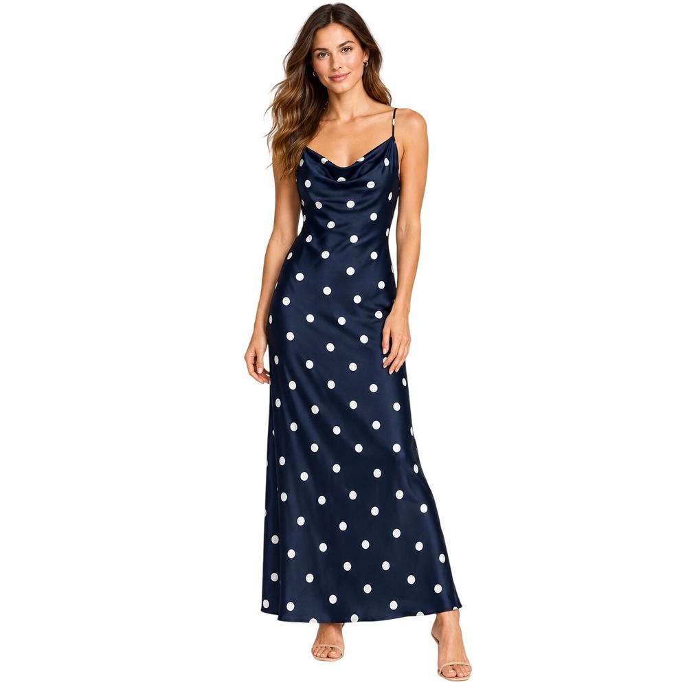 Old Navy The Occasion Satin Cowl Neck Maxi Dress Navy Polka Dot XL Slip Style